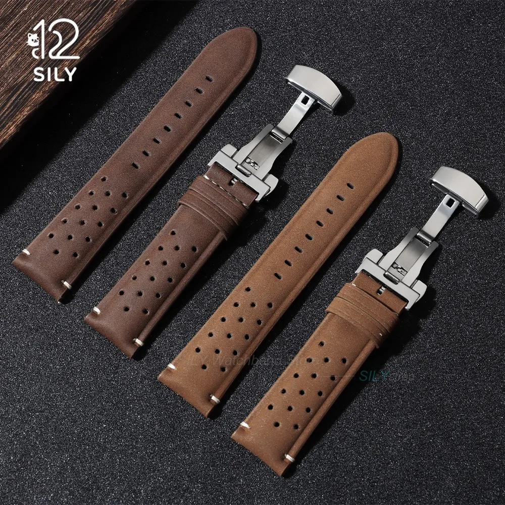 Vintage Brown Leather Strap with Butterfly Buckle - Breathable Business Watch Band Bracelet in Matte Finish