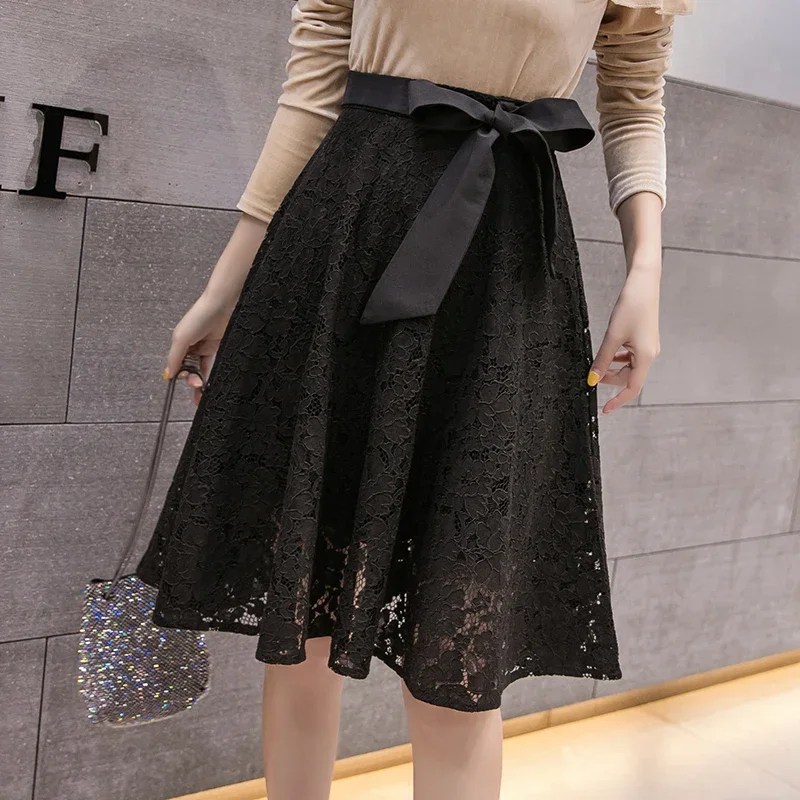 2024 New Elegant Lace Midi Skirt Female Casual Ball Gown Skirts Women Autumn Fashion Lace-Up Bowknot A-Line High Waist Skirts