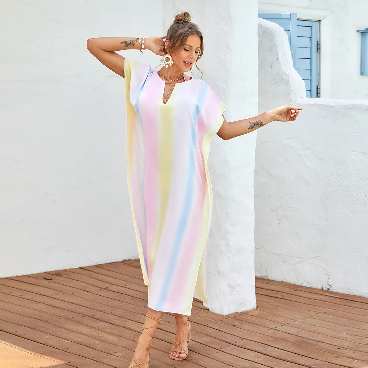 Women's Beach Vacation Long Dress Short Sleeve Casual Chic Robe Summer Casual Style Beach Cover Up Pullover Robe
