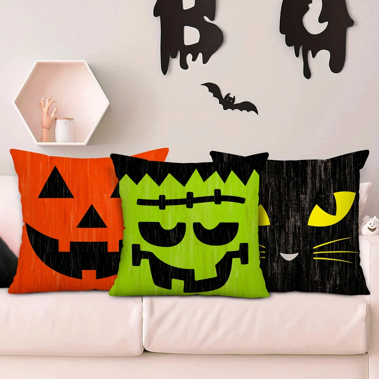 4PCS Halloween Pillow Covers,Retro Halloween Character Expressions Throw Pillow Cover,Colorful Halloween Line Cushion Cover
