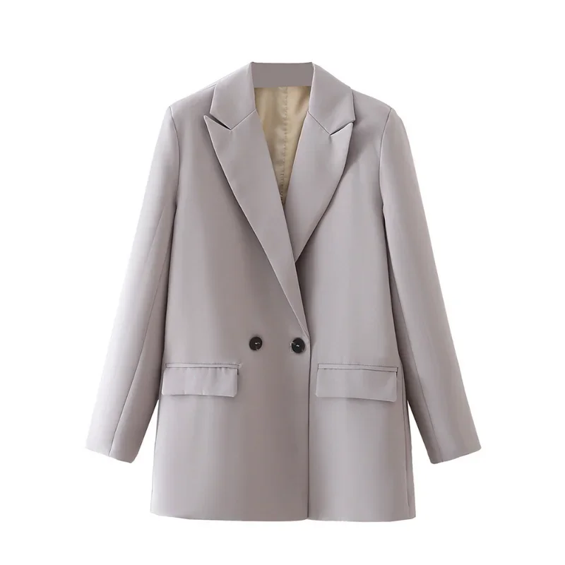 Women Chic Office Lady Double Breasted Blazer Vintage Coat Fashion Notched Collar Long Sleeve Ladies Outerwear Stylish Tops