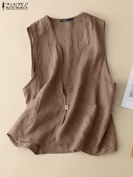 ZANZEA Korean Fashion Vests Woman Sleeveless V-Neck Tank Tops Vintage Solid Color Blouse Elegant Button Blusas Mujer Oversized