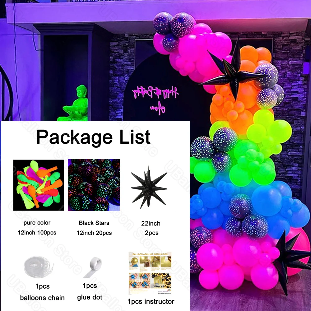 1 Set Neon-Geburtstagsballons mit Bogen, UV-leuchtendes Schwarzlicht, Latex, Globos, Neon-Luftballons, Girlande für Geburtstagsparty-Dekorationszubehör – Detail 24