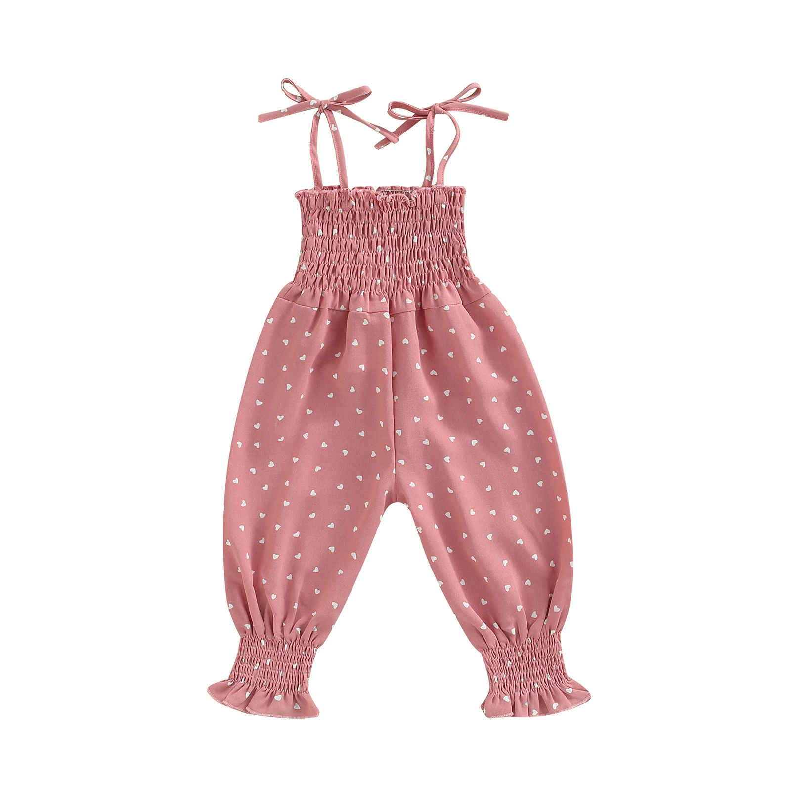 2022 0-4Y Summer Toddler Girl Sling Jumpsuit Heart/Leopard Printed Pleated Tie-Up Simple Style Overalls Casual Sweet Romper bright baby bodysuits	 Baby Rompers