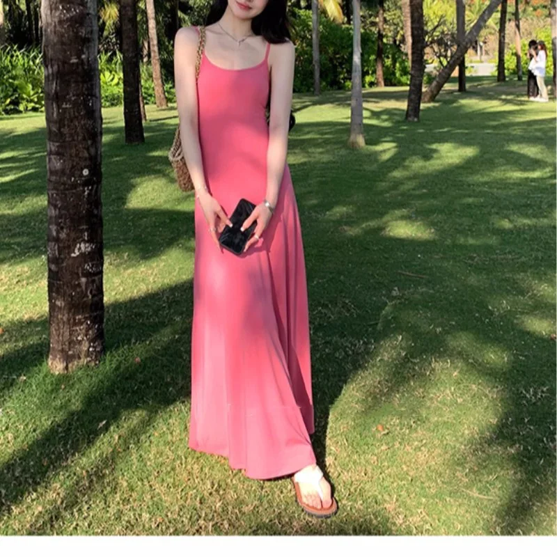 

Summer Sexy Celebrity Style Solid Color Dress for Women with Suspender Long Dress Slim Fit Temperament Vacation Casual Dress