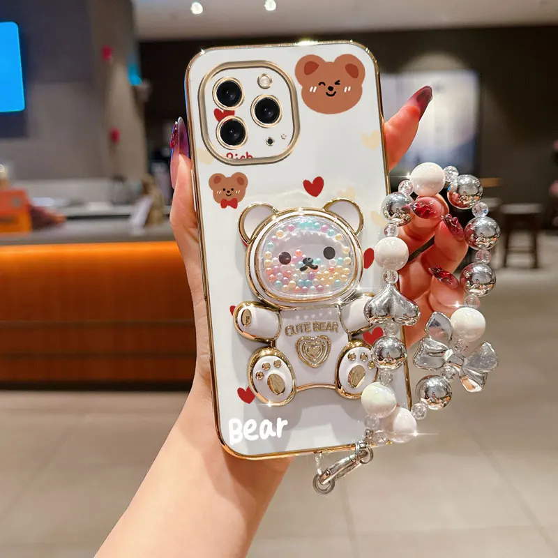 Pearl Strap Lanyard Love Bear Phone Holder Case - Anti-Knock Cover