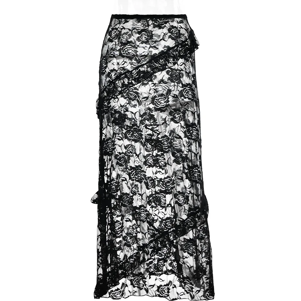 Summer Fashion Sexy Solid Color High Waist Flounce Patchwork See Through Half Skirts Women Hip Wrap Lace Sexy Perspective Skirt