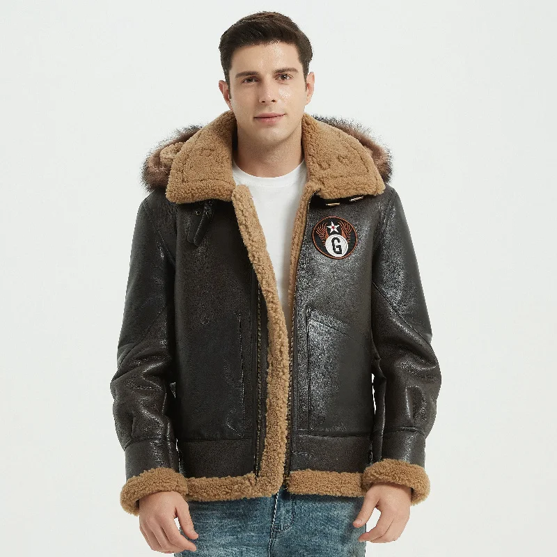 

Мужское пальто из натуральной овечьей кожи, с капюшоном из меха енота