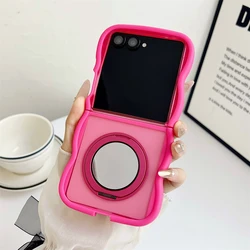 Magnetic Matte Mirror Case with Rotating Bracket and Wave Stand - Shockproof Soft Cover - Galaxy Z Flip5 (Rose Red)