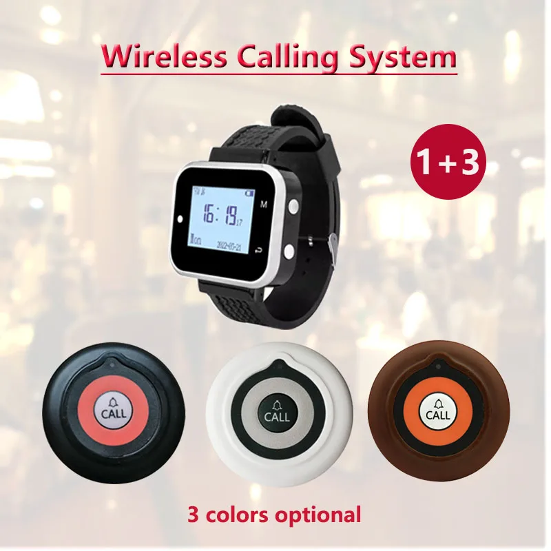QWICALL 3pcs Call Button Transmitters 1Pcs Wrist Watch Pager Wireless Calling System Service For Restaurant Hotel Cafe Bar