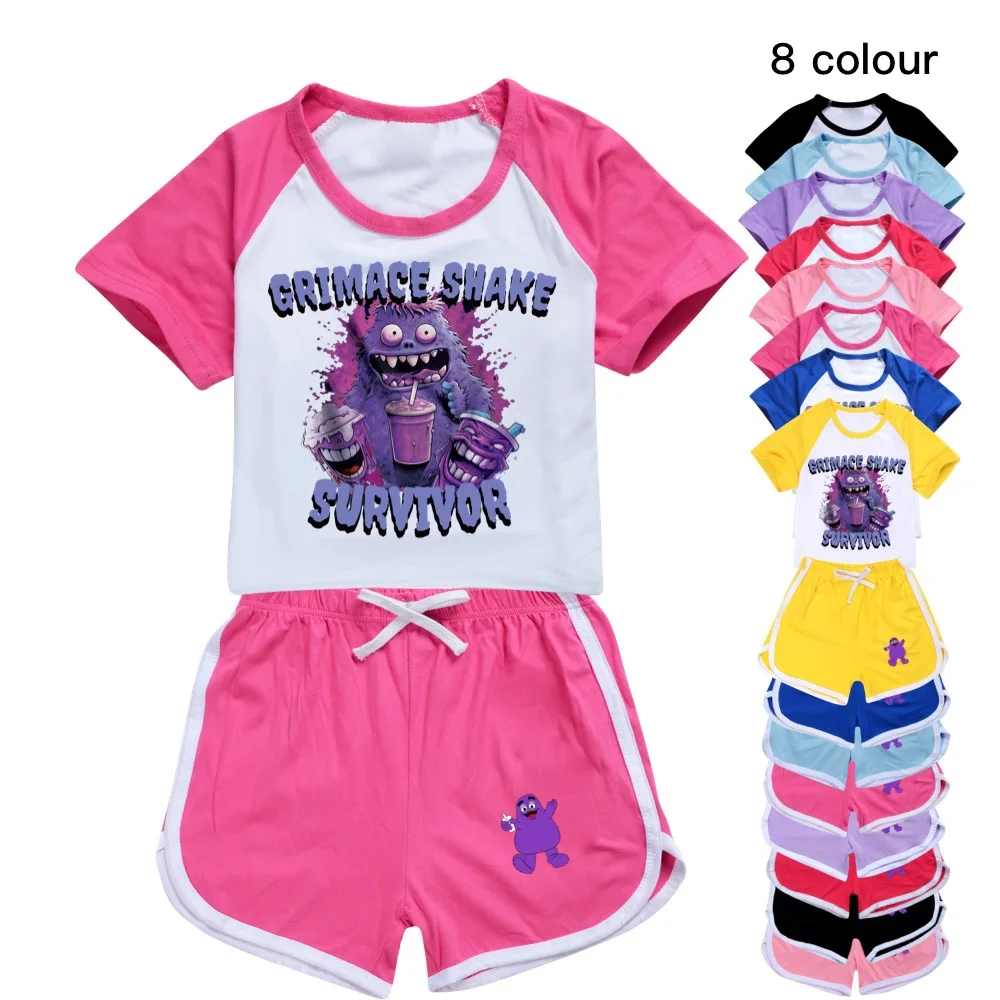 

Grimace Shake Costume Kids Summer Tracksuit Children's Clothing Baby Girls Short Sleeve T-shirt + Shorts 2pcs Sets Boys Outfits