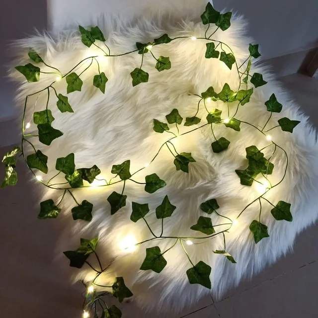 Guirlande lumineuse LED de 2 mètres, vigne verte artificielle, maison, noël, mariage, jardin de mariée, plantes vertes suspendues, décoration de fête DIY 1