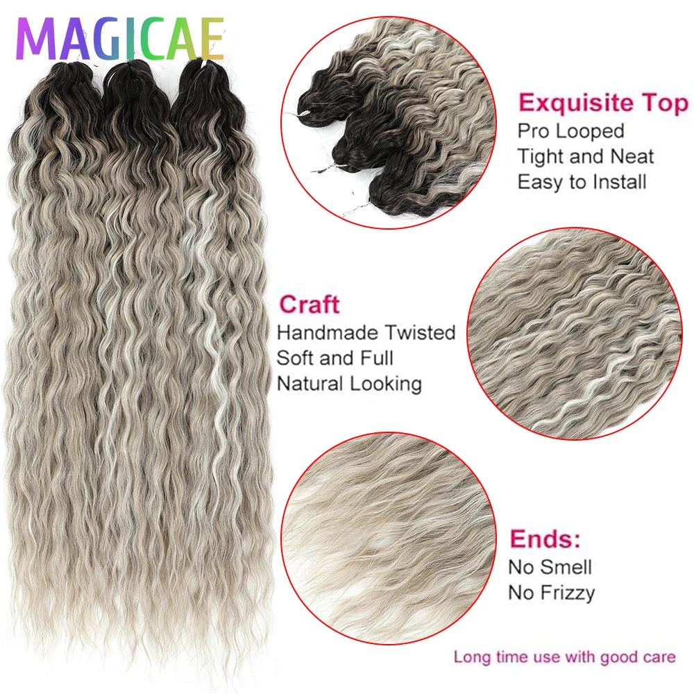 3Pcs 300Grams Crochet Braids Ombre Grey 24Inch Ariel Deep Wate Piano Blond Curly High Temeprature Bio Protein Synthetic Hair 4
