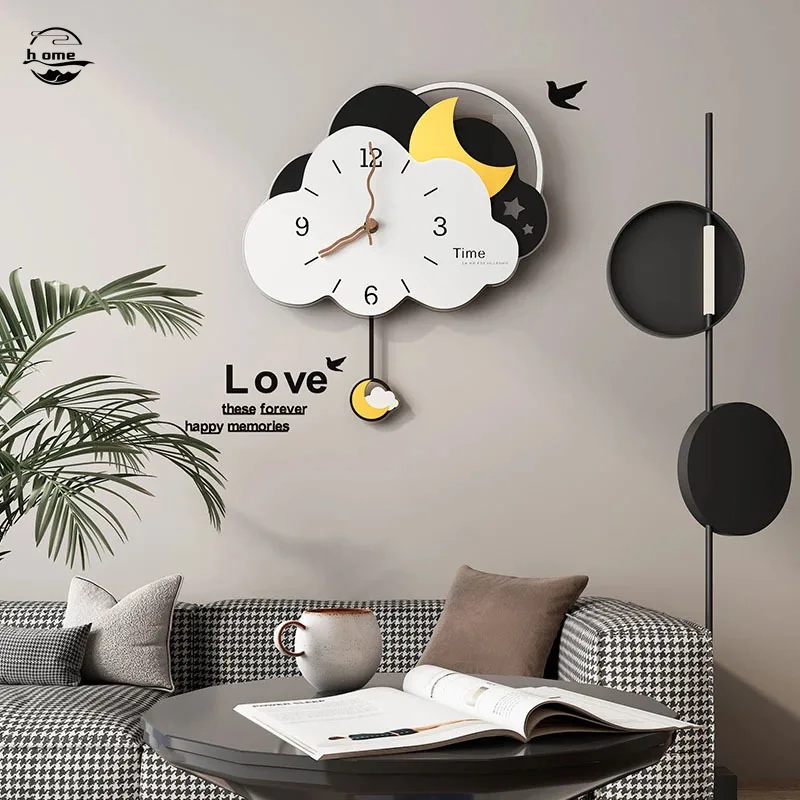 Acrylic Cloud Wall Clock With Pendulum White Simple Cartoon Wall Clock Mute Geometric Digital