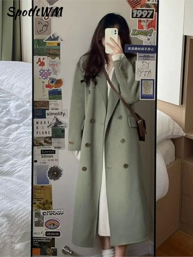 

Women Woolen Windbreaker Long Coat Korean Loose Fashion Double-breasted Lapel Outerwear Female Autumn Winter Warm Overcoats