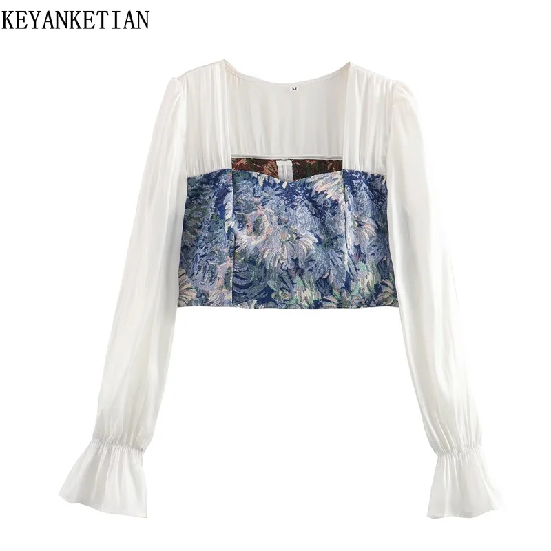 

KEYANKETIAN Autumn New Holiday Wind Women's Jacquard Patchwork Short Shirt Square Collar Lantern Sleeve Slim Pullover Top