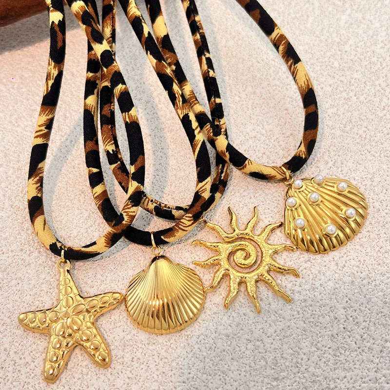 Classic Leopard Print Handmade Spiral Sun Shells Pendant Necklace Women 18K Gold Plated Starfish Imitation Pearl Collar Choker
