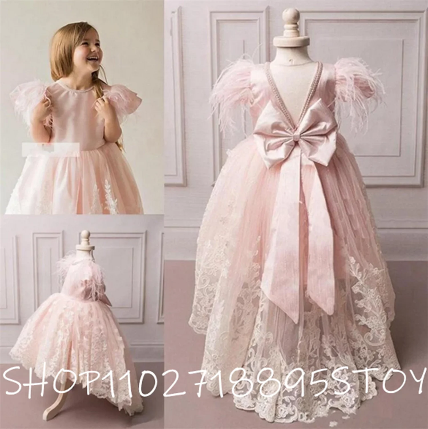 

Little Princess High Low Flower Girl Dress Jewel Neck Big Bow Feathers V-back Custom Made Birthday Party Gowns