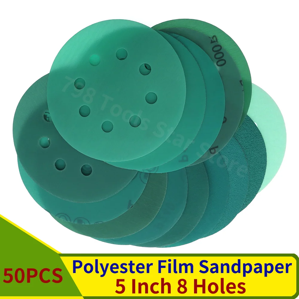 

50PCS 5 Inch 125MM 8 Holes Hook and Loop Polyester Film Sandpaper Sanding Disc 60 to 2000 Grits Abrasive Polishing Tools