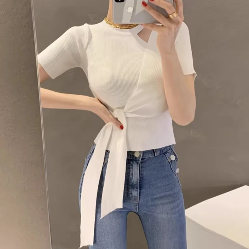 

White Chic Knitted Tops Women Spaghetti 2023 Summer O-neck Sweater Female Korean Fashion Streetwear Cropped Top Ladies Elegant