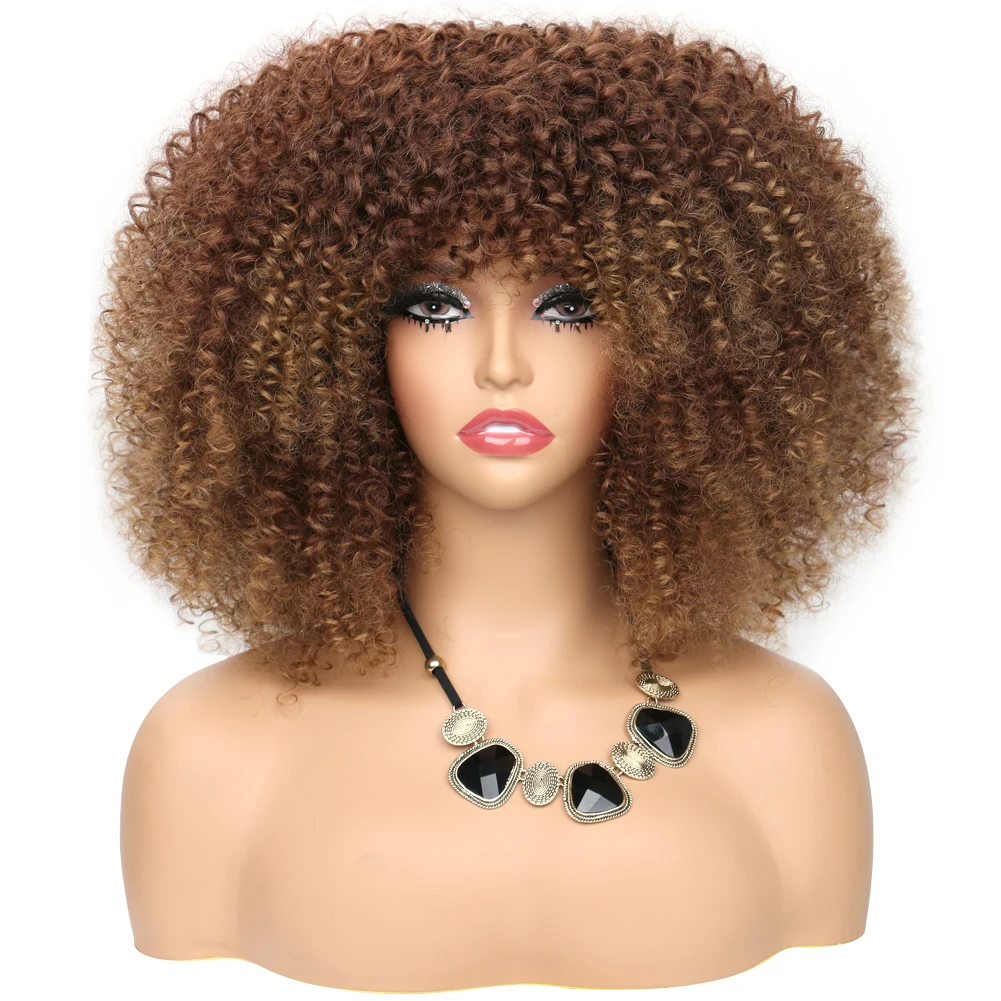 

Парик короткий кудрявый афро с челкой для чернокожих женщин, косплей Лолита из синтетических натуральных неклеевых коричневых смешанных блонд, 16 дюймов