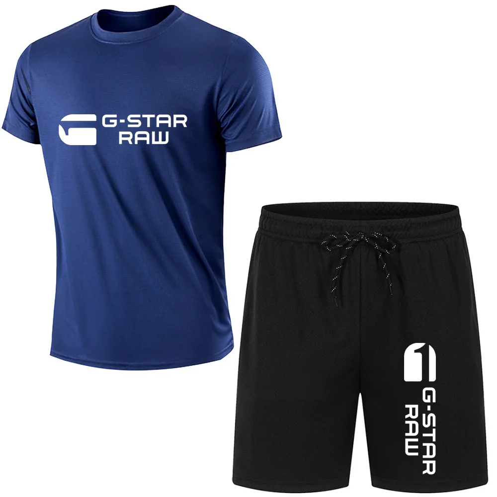 2024 Summer G-STAR RAW Print Men's T-shirts Shorts Set Suit Fashion Leisure Breath Sport Jogging Gym 2pcs Short Sleeve 4