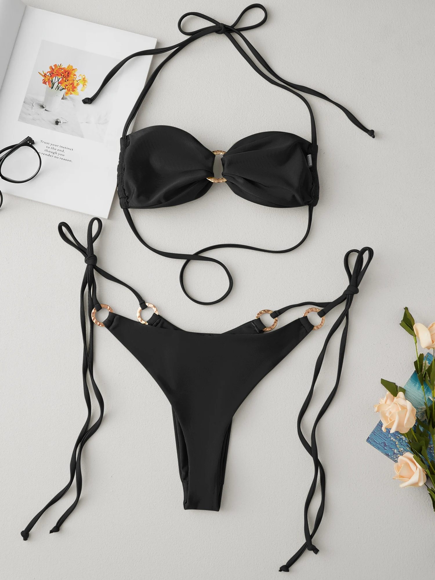 Women s Two Piece Swimsuits with Sleeveless Halter Neck Metal Circle Bra and Low Waist Thong Bottoms for a Stylish Beach Look