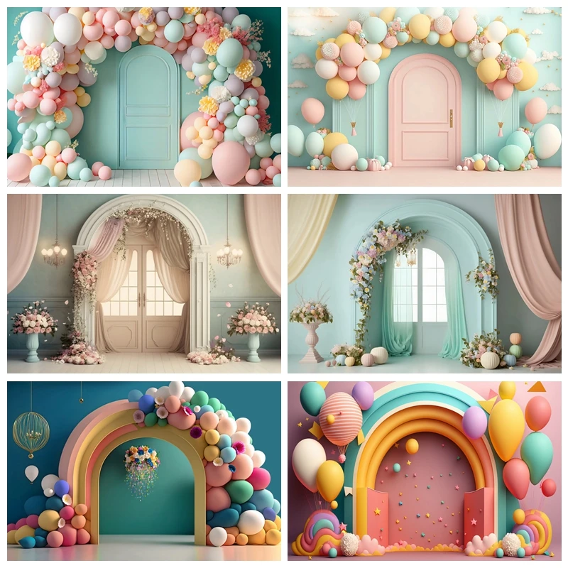 

Balloon Arch Door Baby 1st Birthday Backdrop Photography Newborn Baby Shower Cake Smash Party Decor Photographic Background