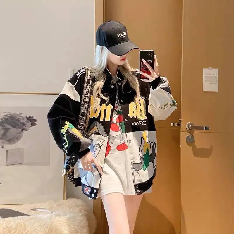 New Autumn Winter Men/women Baseball Jacket Hip Hop Street American Style Loose Outwear Embroidery Bunny Couple's Quilted Coat