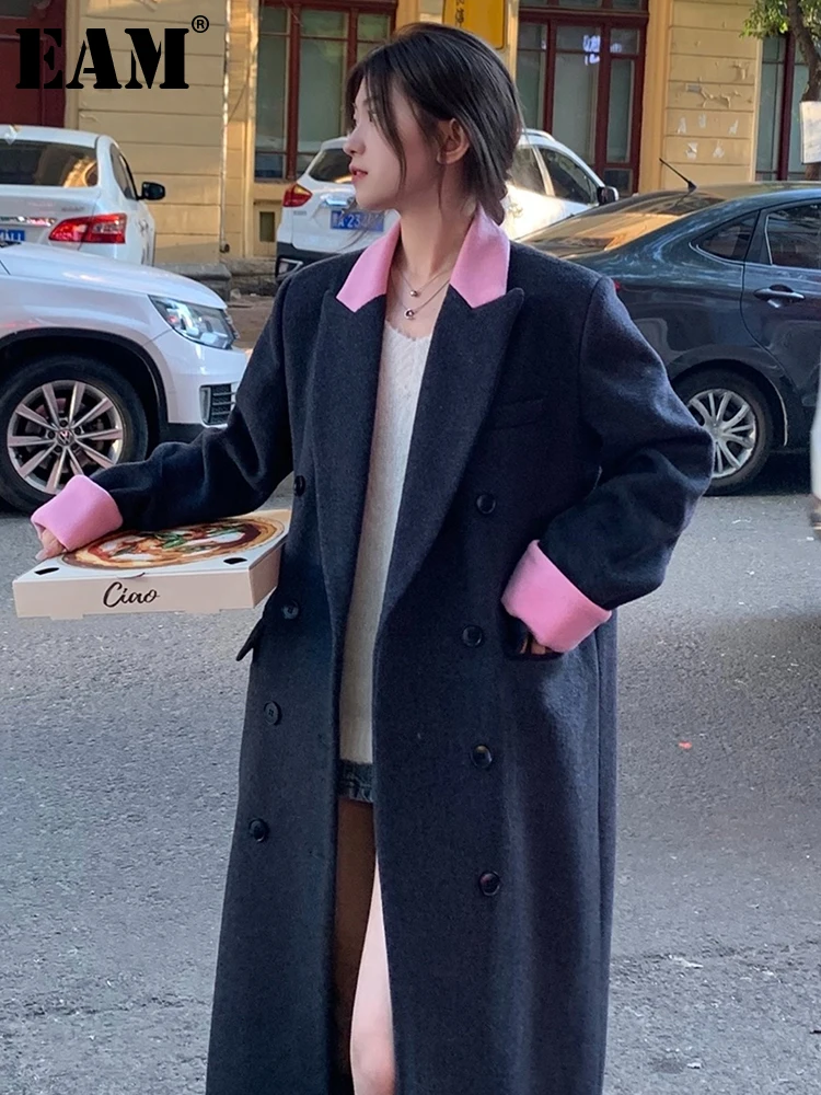 

[EAM] Loose Fit Gray Color-block Big Size Woolen Coat New Lapel Long Sleeve Women Jacket Fashion Tide Autumn Winter 2024 1DH2149