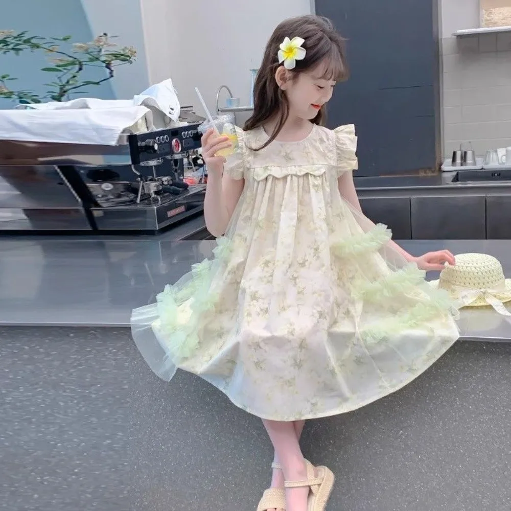 Floral Print Pleated Kids Ruffles Mesh Dress Round Neck Loose Girls Puff Sleeve Skirt Long Flower Lace Children Princess Dress