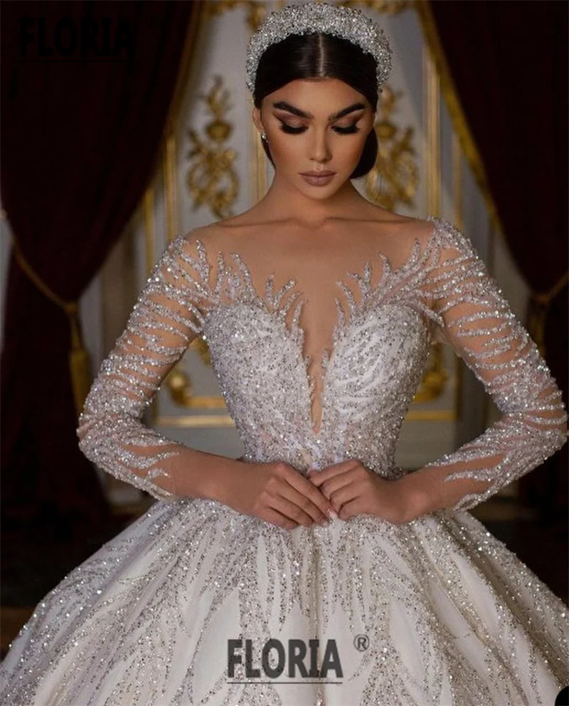 

2023 Vestidos De Noiva Exquisite Ball Gown Wedding Dress Long Sleeves V Neck Crystal Beads Sequined Bride Dresses Backless Gowns