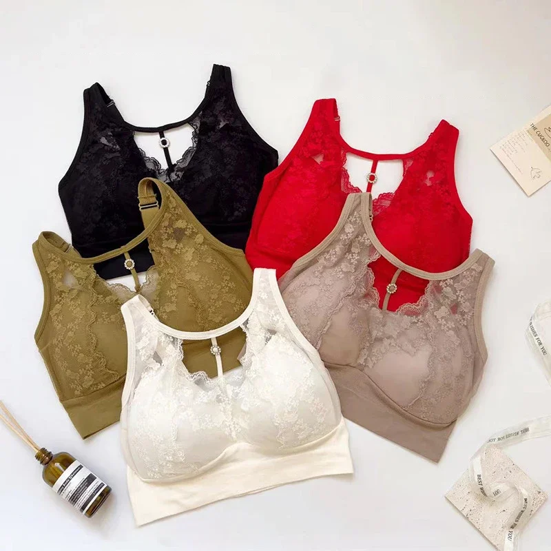 Sexy Hollow Lace Underwear Latex Chest Pad Without Steel Ring Gathering Anti Beauty Back Wrapped Bra 3