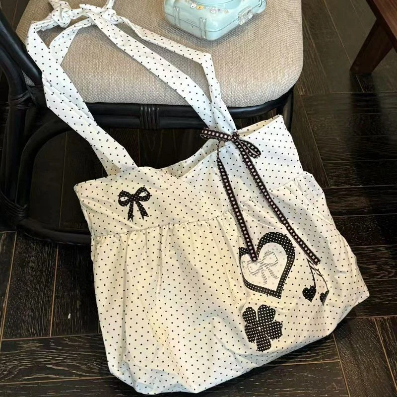 Borsa a Tracolla Coreana a Pois con Design a Fiocco e Cuore, Borsa da Donna alla Moda per il Lavoro, Borsa a Mano Retrò con Chiusura Magnetica a Contrasto - immagine 5