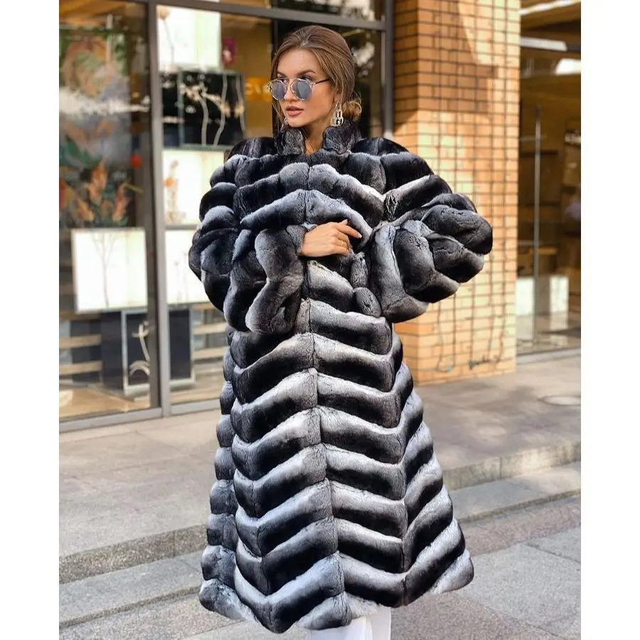 

Fur Coat Women Real Rex Rabbit Fur Jacket Stand Collar Mid-Length Luxury Winter Natural Rabbit Fur Coat