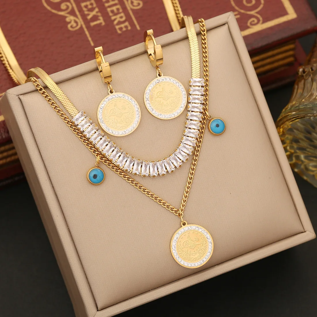 

316L Stainless Steel Zircon Eye Coin Pendant Necklace for Women Fashion Layered Non Fading Neck chain Jewelry Gift