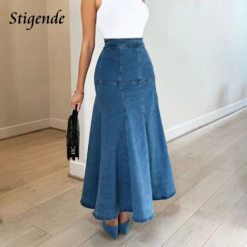 

Stigende Back Zipper Denim Mermaid Maxi Skirt Women Patchwork Fit and Flare Loose Long Swing Skirt