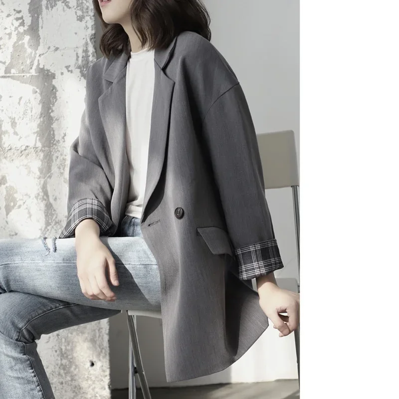 2023 Women Elegant Lapel Single Button Black Blazer Spring Autumn Gray Vintage Jacket Coat Ladies Workwear Female Formal Clothes