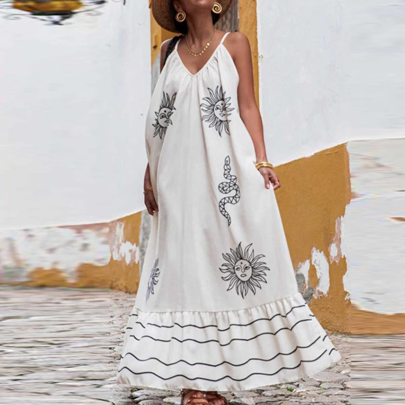 

Elegant Pattern Print Spaghetti Straps Dress 2024 Sexy Deep V-neck Sleeveless Loose Party Dress Women Fashion Pleated Long Dress