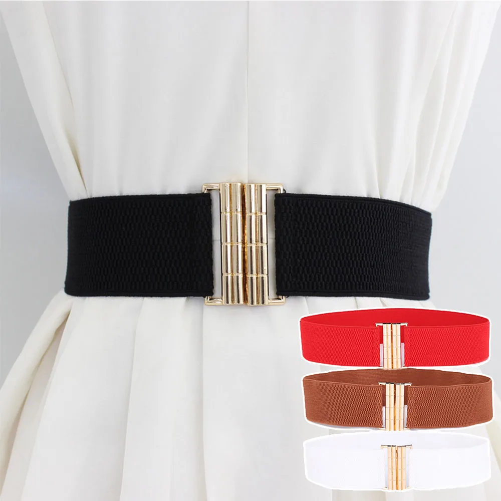 

Wide Elastic Belt Solid Color Corset Belt Metal Buckle Lady Fashion Cummerbands Stretch Cinch Waistband Women Waist Belt