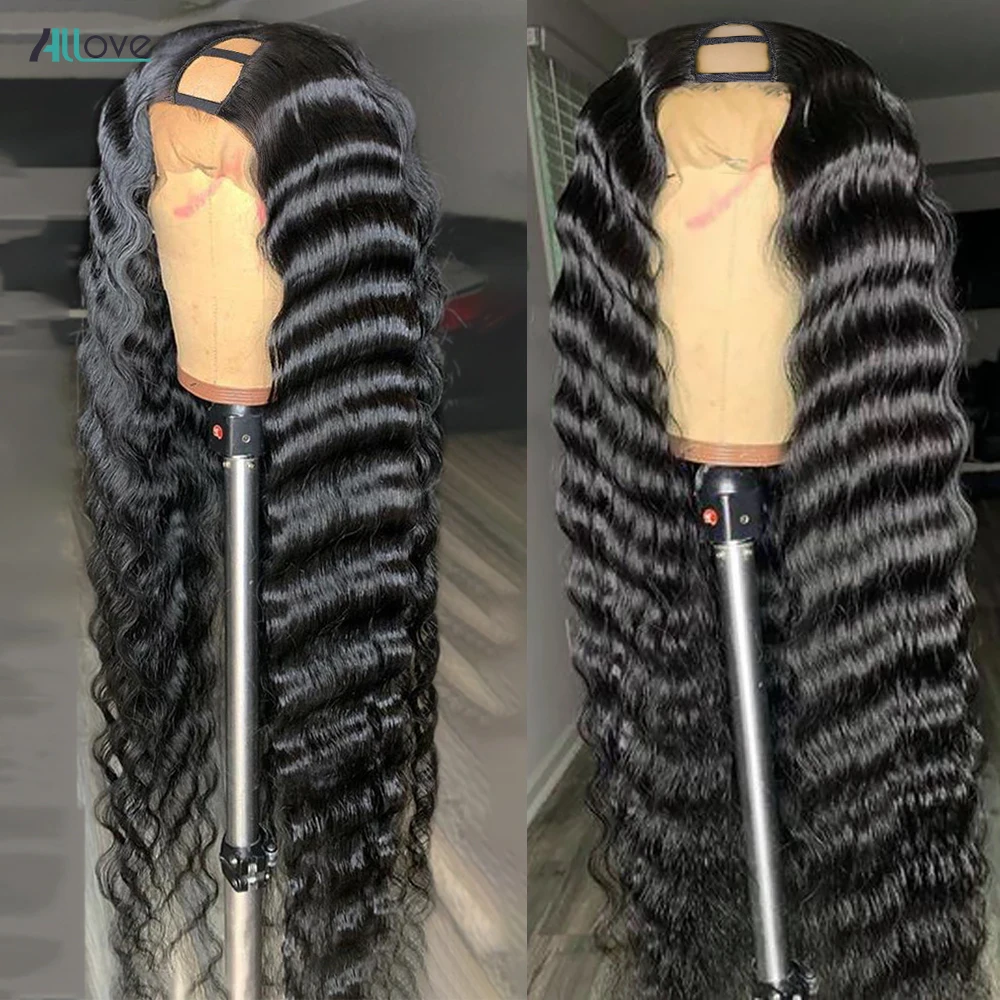 Allove U Part Human Hair Wig Brazilian Remy Hair 2x4 U Part Wig Loose Deep Wave Full Machine Made Wigs For Black Women