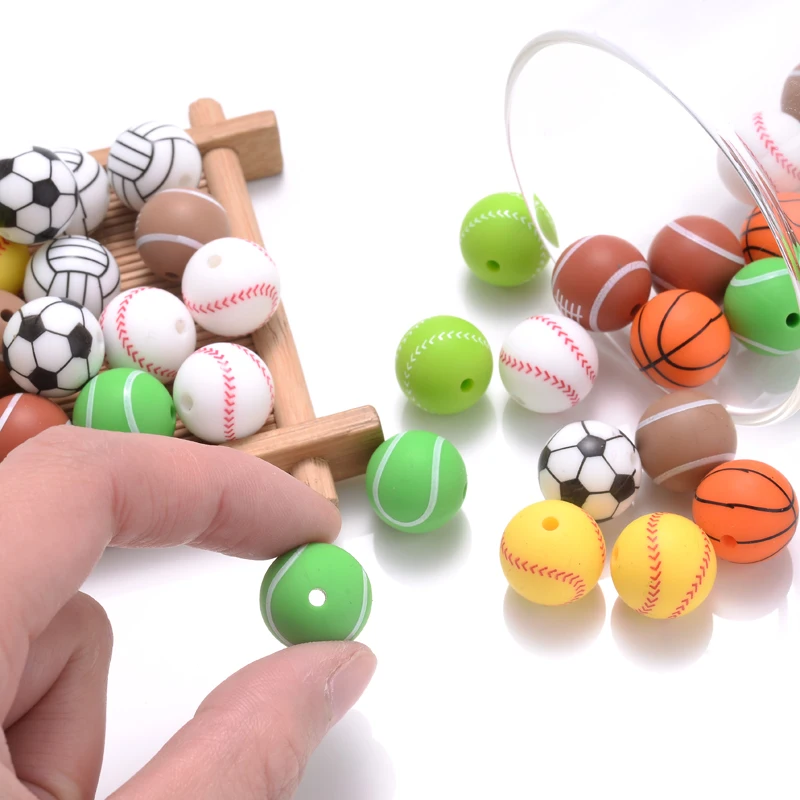 10Pcs 15mm Printed Silicone Beads Round Baseball Tennis Basketball Food Grade Teether Beads for DIY Baby Pacifier Chain Clip 3