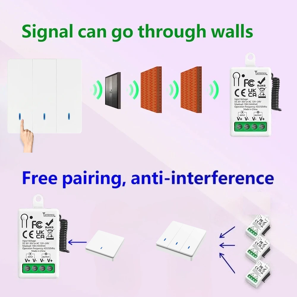 미니 릴레이 수신기 무선 433Mhz 리모컨 조명 스위치 DC6V 12V 24V 30V 36V AC12V 24V 모터 자동차 조명 LED 가정용 램프용