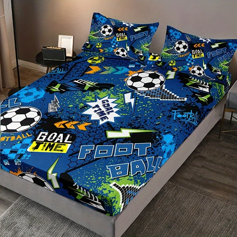 Fashion Cartoon Football Print Fitted Sheet Set Soft Comfortable Breathable Bedding Mattress Protector Set For Bedroom 3