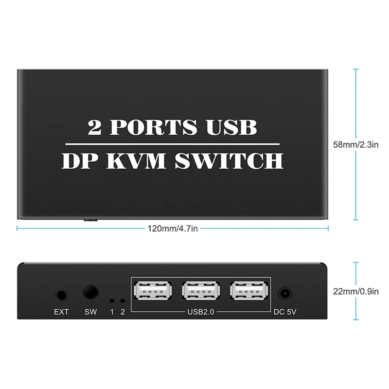 노트북 공유 키보드 마우스용 2 in 1 Out 스위치, 2 포트, 8K @ 30Hz Displayport1.2 스위치, 2 in 1 Out, 3 USB2.0 포트, 2 PC
