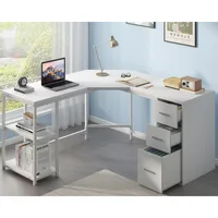 White L Shaped Corner Desk with Drawers, Reversible Modern L-Shaped Computer Desk with Storage Cabinet Shelves, Large Wood L 1