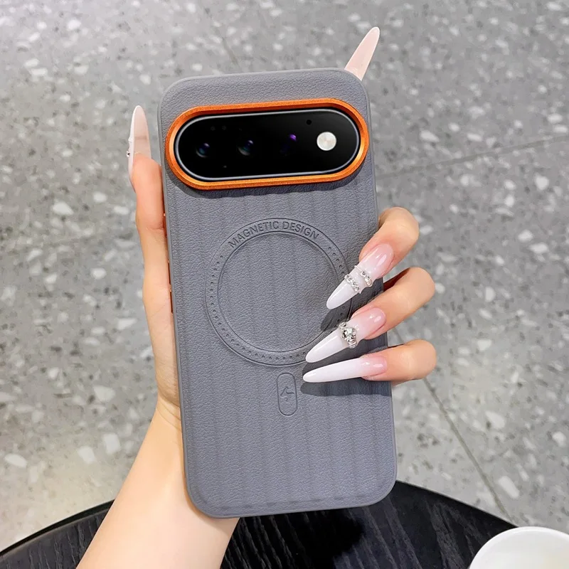 Premium Business Stripe Pattern PU Leather Case with Magsafe and Alloy Lens Protection Cover