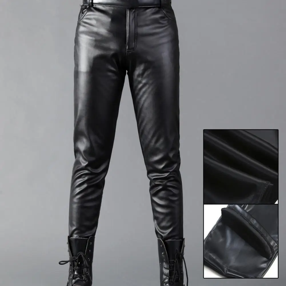 Black High-waisted Leather Pants Men's Fashion Rock Style Slim Fit Pants Soft Breathable Mid Waist Trousers for Motocycle 5