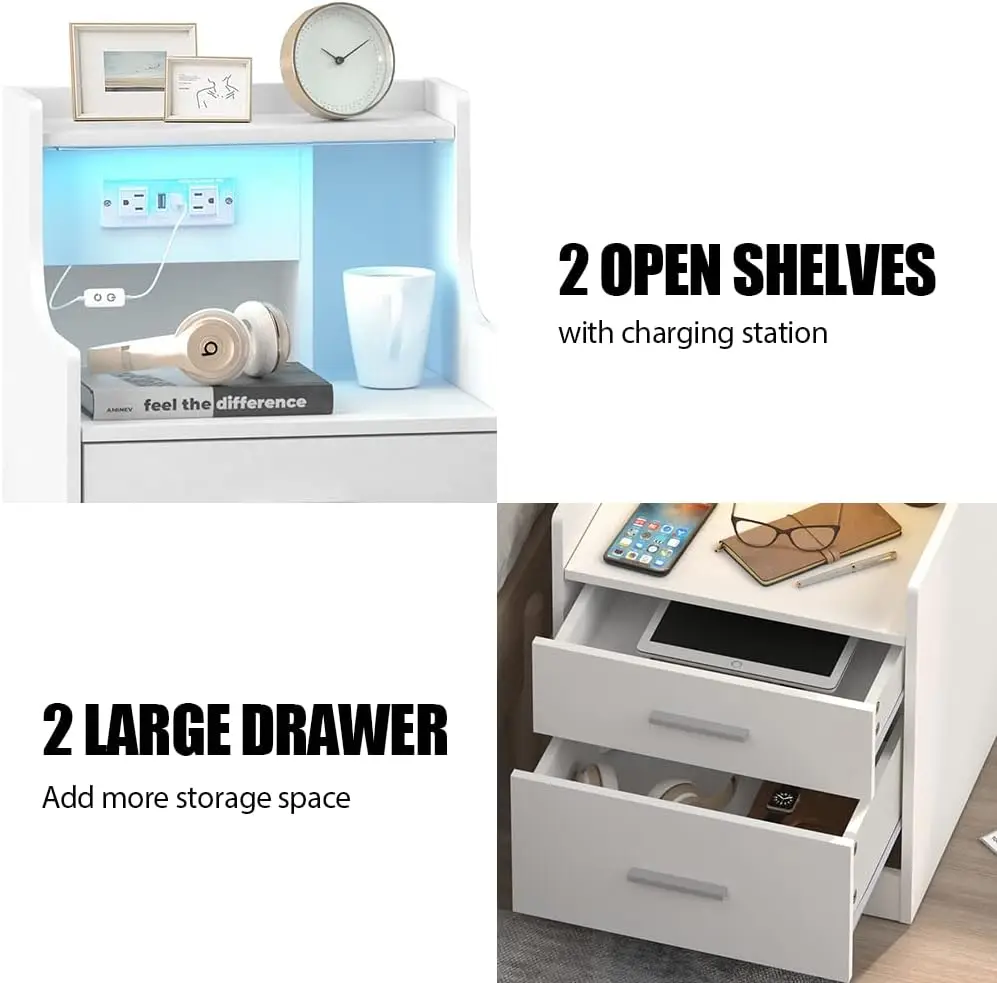 Nightstand with Charging Station & LED Lights, White Nightstand with 2 Drawers and Open Storage, Bed Side Table Night St