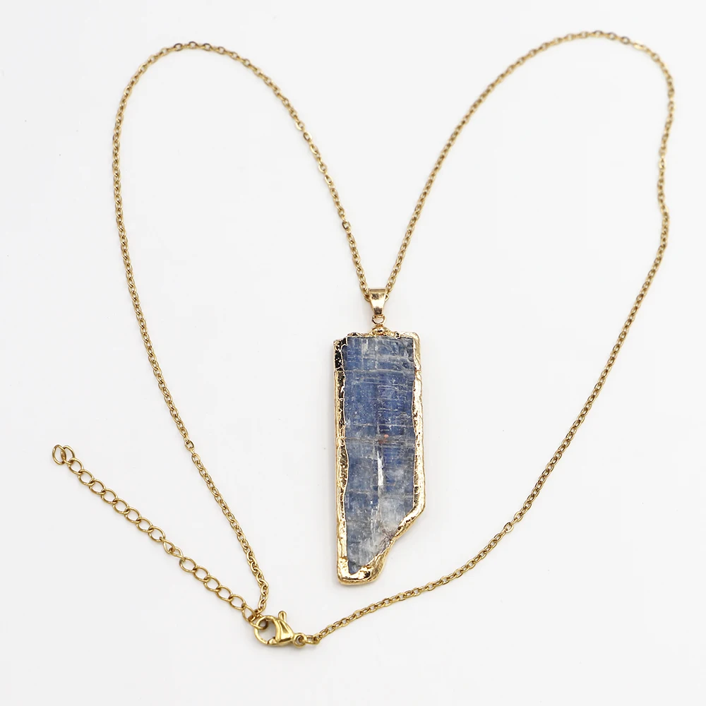 Natural Kyanite Irregular Raw Ore Chain Pendants Rough Stone Silver Gilded Edge Necklace Charm Jewelry Accessories Wholesale6Pcs